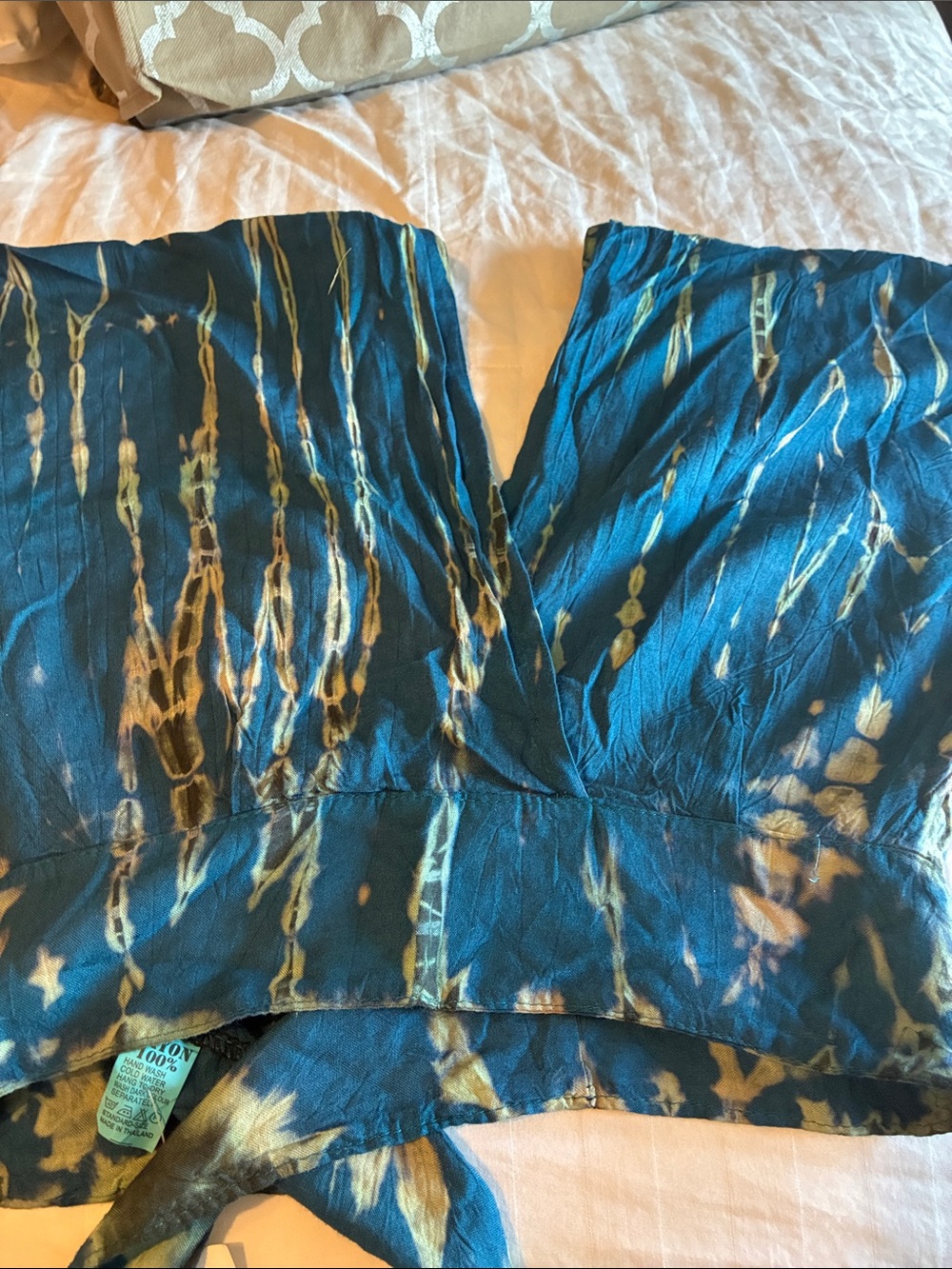 BOGO FREE-Blue Tie-Dye, Flowy Wrap Style Crop Top W/Tie Closure- Size Small - Picture 5 of 9